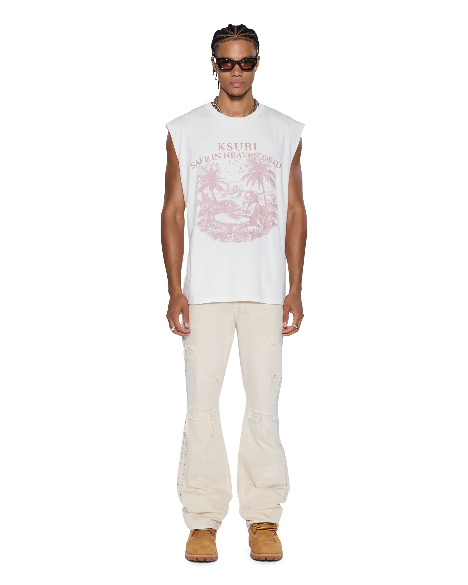 Mens Paradiso Cut Off Tee Vintage White Tees - Image 2