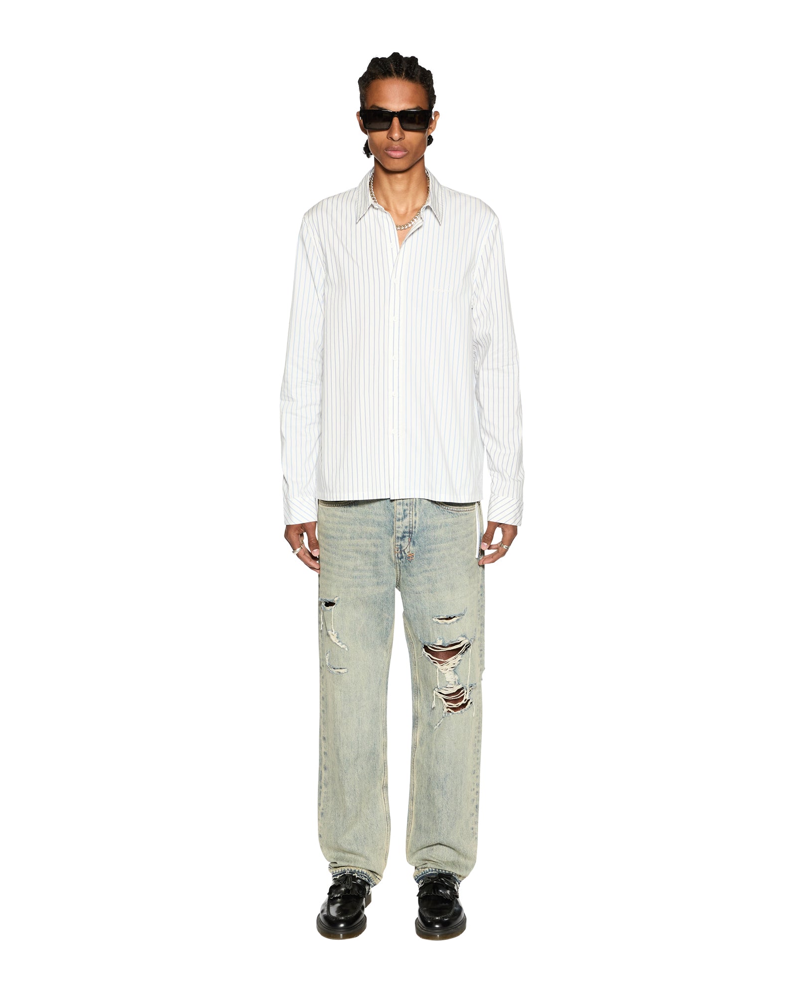 Skript Long Sleeve Cotton Shirt - White and Blue Pinstripe - Image 4