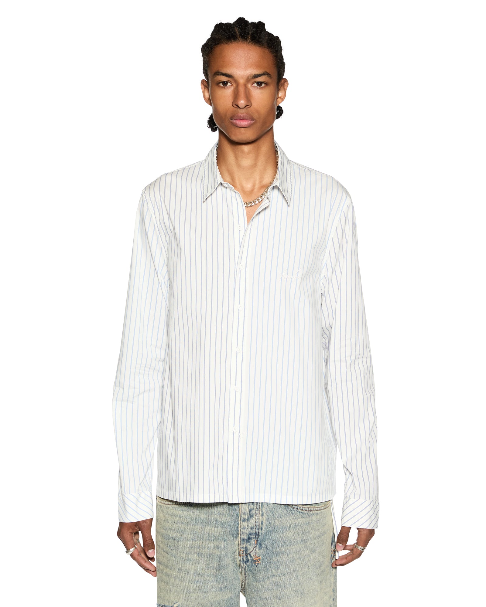 Skript Long Sleeve Cotton Shirt - White and Blue Pinstripe - Image 7