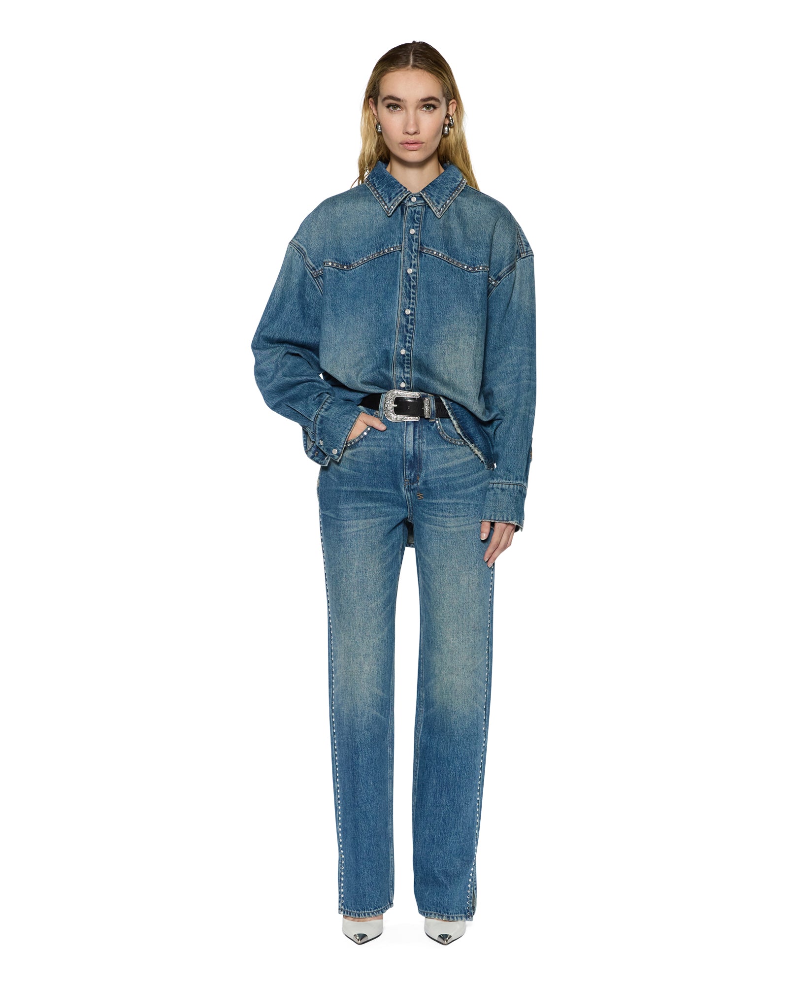 Womens Playback Texas Blue Studded Relaxed Denim Jeans - Image 2