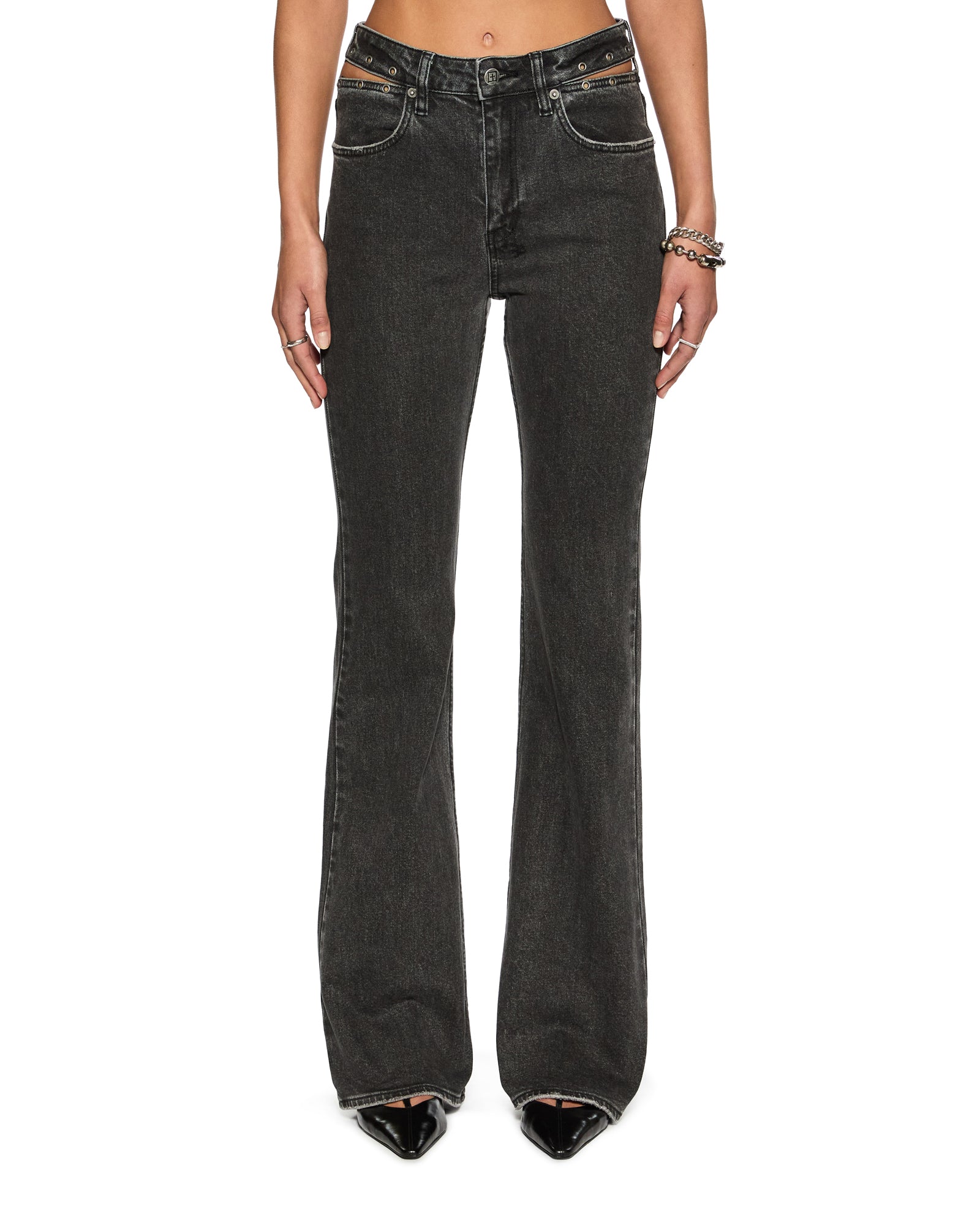 Soho Pierced Shadow Flared Mid Rise Jean - Washed Black - Image 4