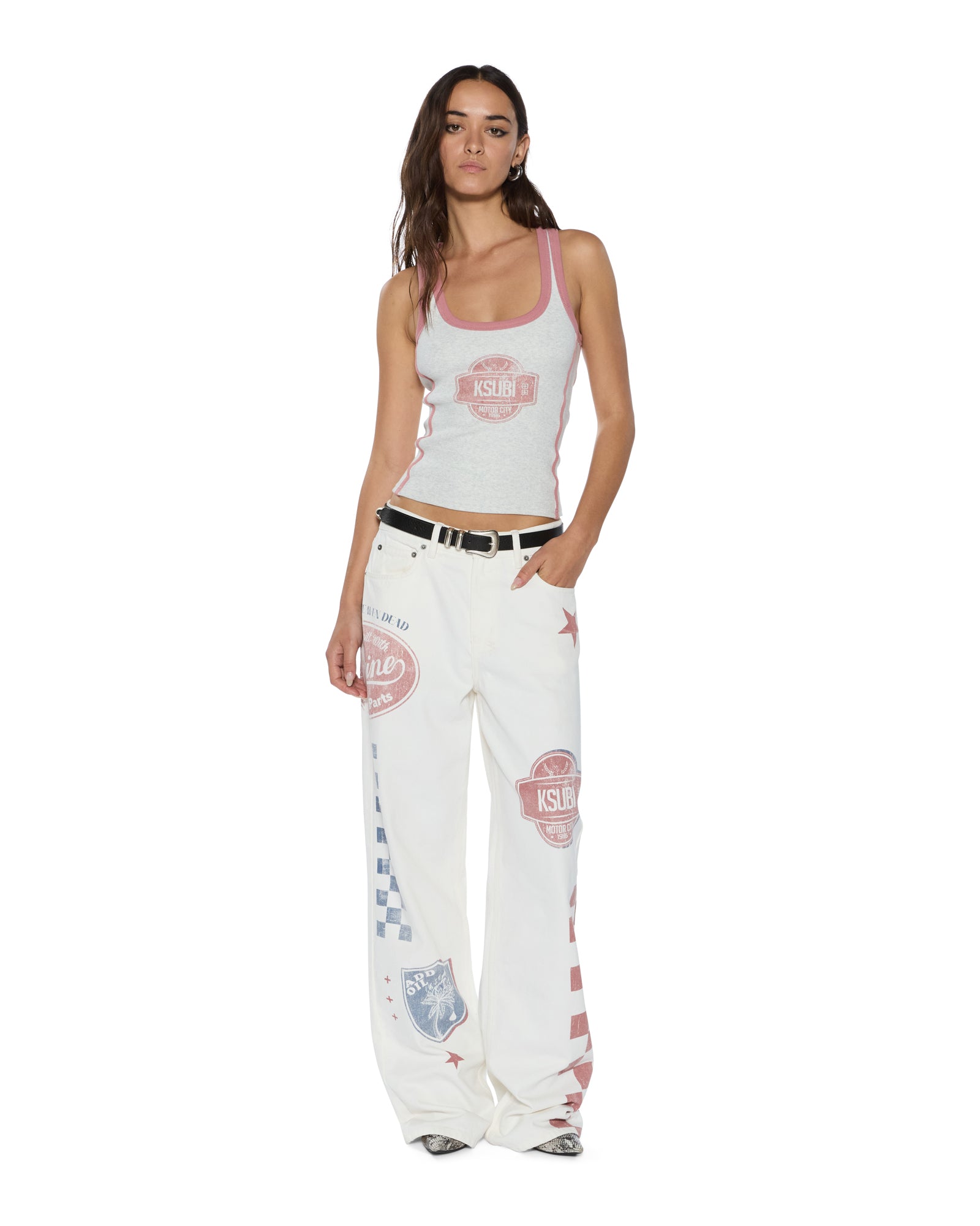 Womens Pitt Lane Origin Tank Snow Marle/Red Fashion Tops - Image 2
