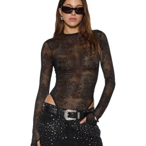 Womens Adele Ls Bodysuit Black Lace Fashion Tops
