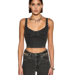 Dauphine Panelled Bustier Scoop Neck Top - Washed Black