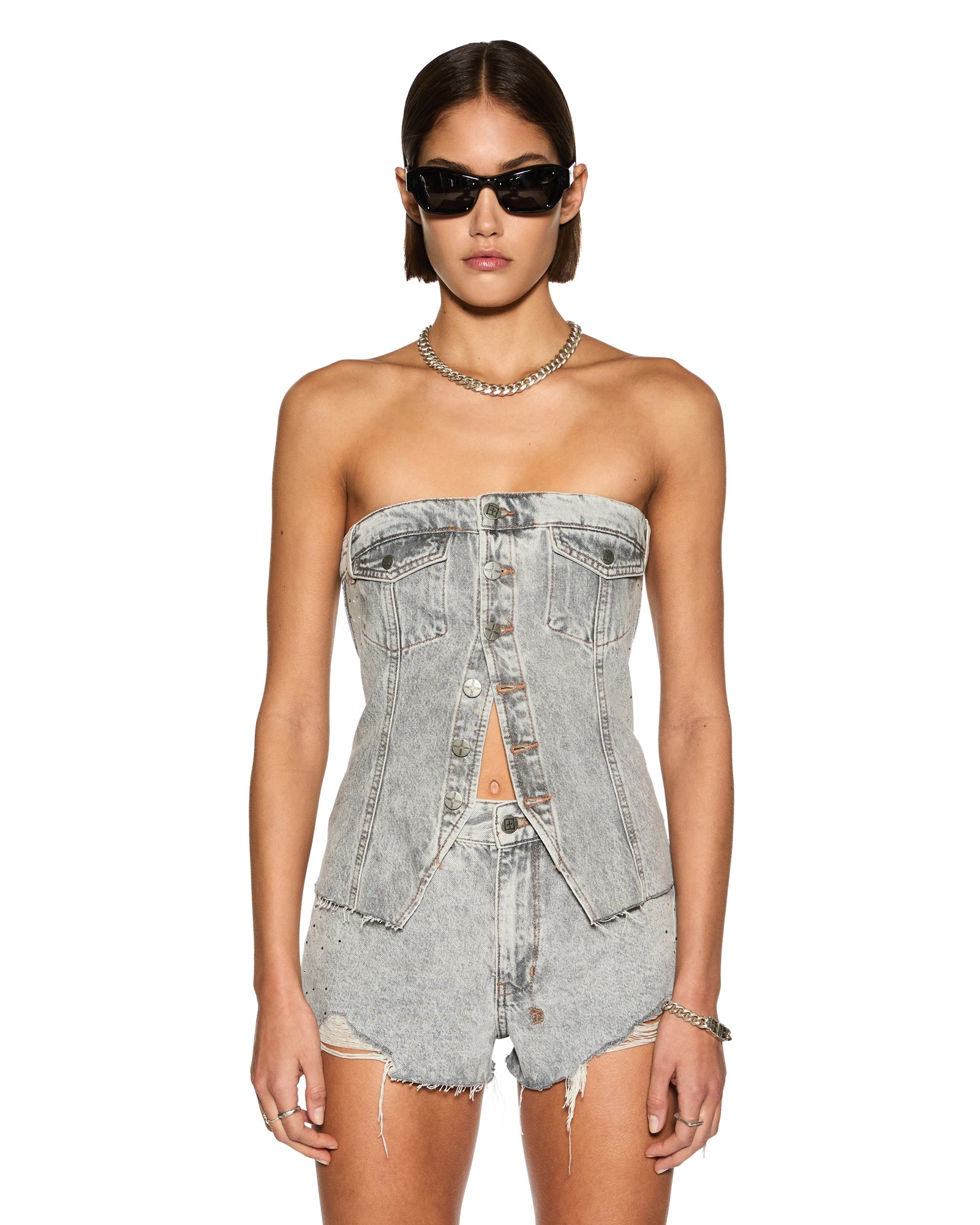 Retro Bustier Dime Krystal Strapless Top - Stone Wash - Image 5