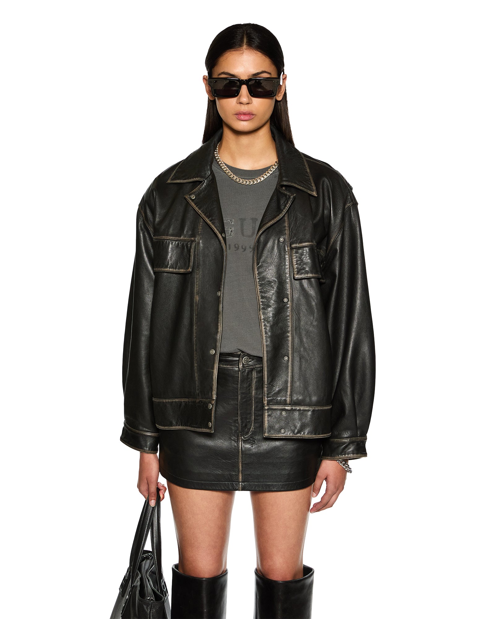Creed Oversized Leather Jacket - Aged Black - Image 2