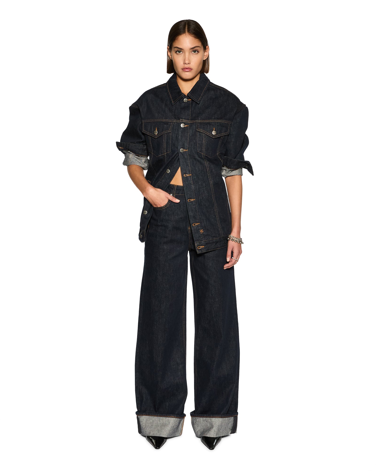 Longline Trucker Original Oversized Jacket - Dark Wash - Image 2