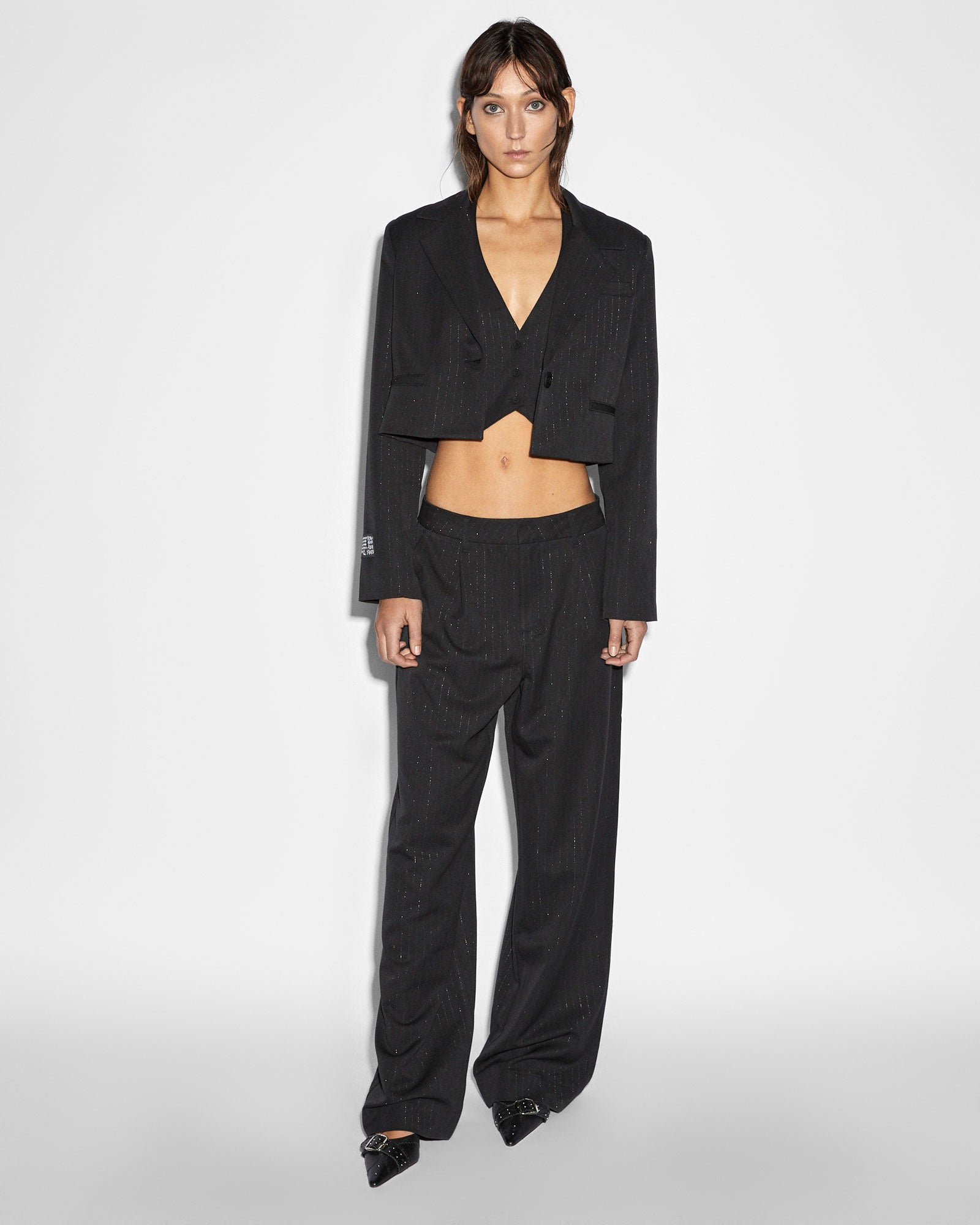 London Crop Blazer Jacket Pinstripe - Black - Image 3