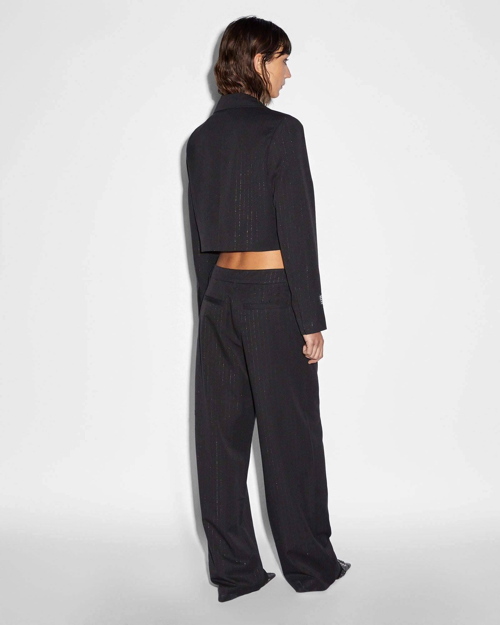 London Crop Blazer Jacket Pinstripe - Black - Image 4