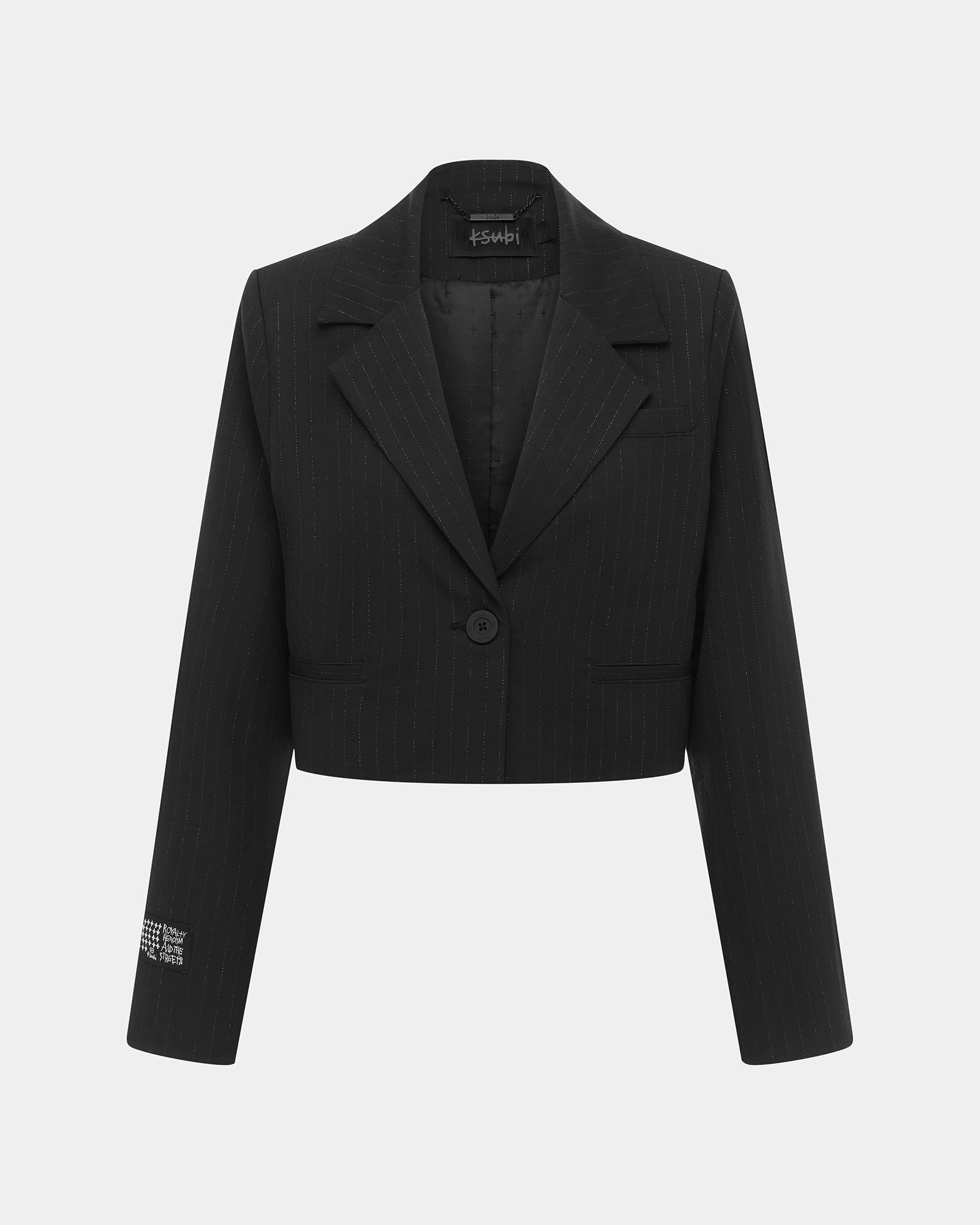 London Crop Blazer Jacket Pinstripe - Black - Image 5