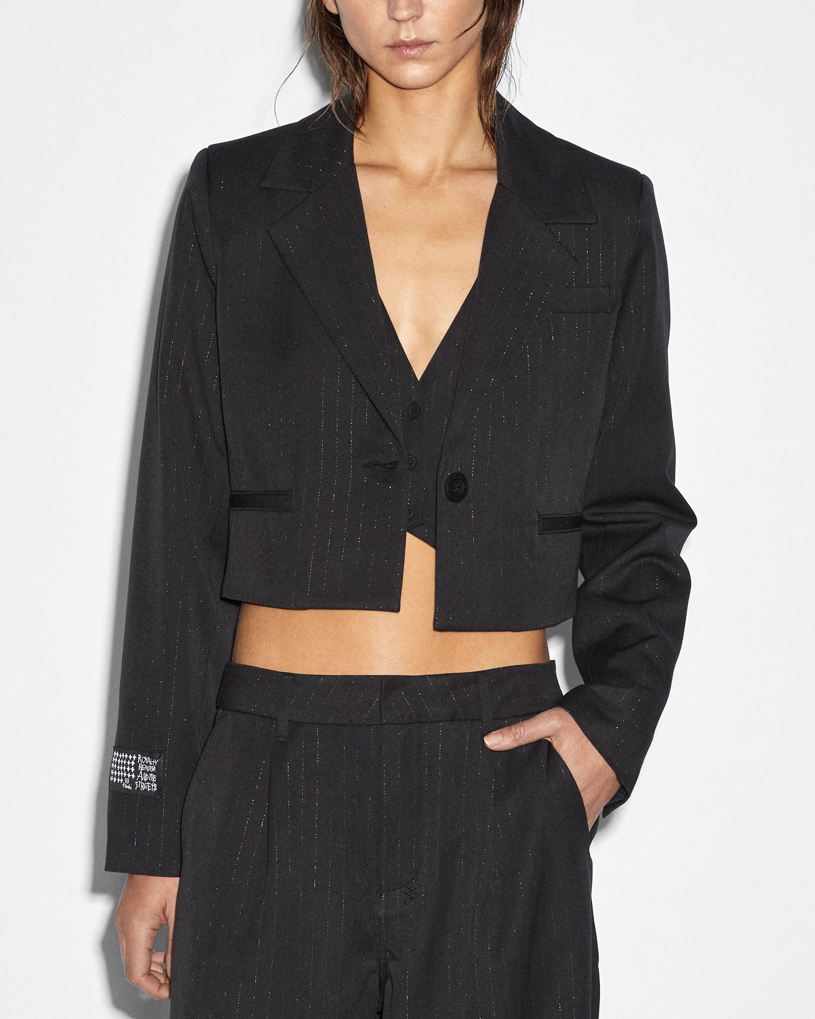 London Crop Blazer Jacket Pinstripe - Black - Image 6