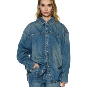Womens Oversized Ls Shirt Texas Blue Studded Shirts