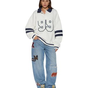 Womens 99 Boyfriend Polo Sweatshirt Vintage White Fleece