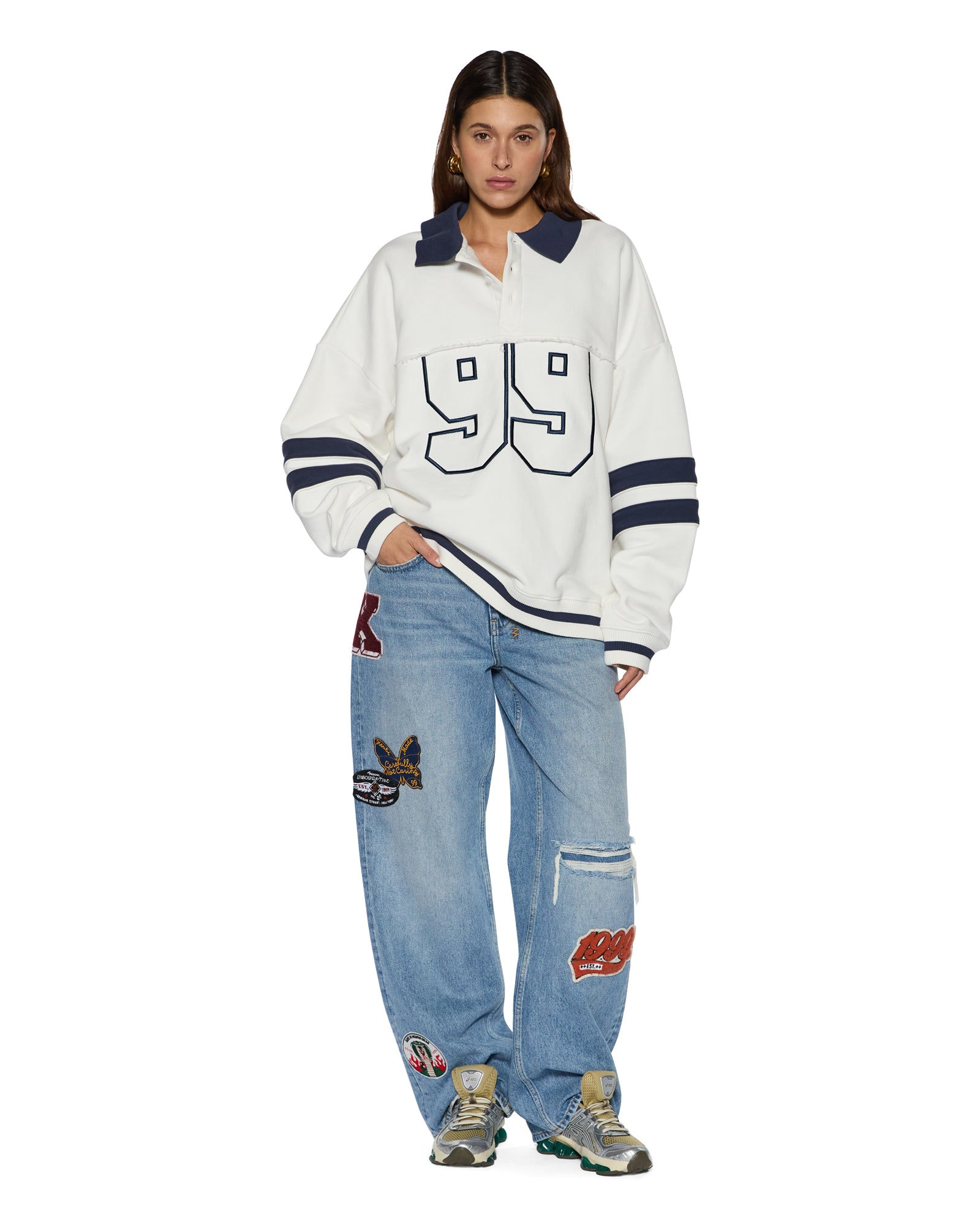 Womens 99 Boyfriend Polo Sweatshirt Vintage White Fleece