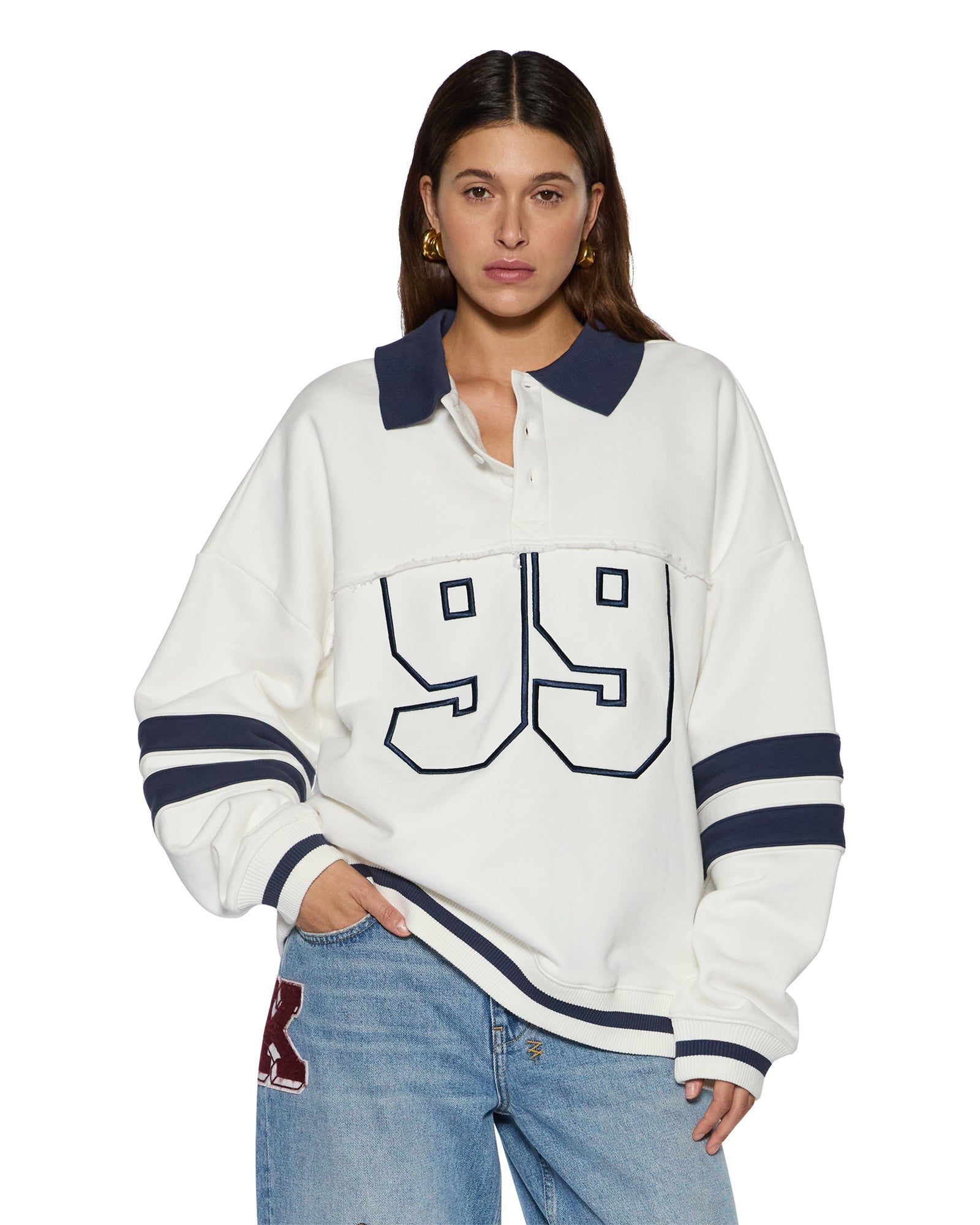Womens 99 Boyfriend Polo Sweatshirt Vintage White Fleece - Image 3