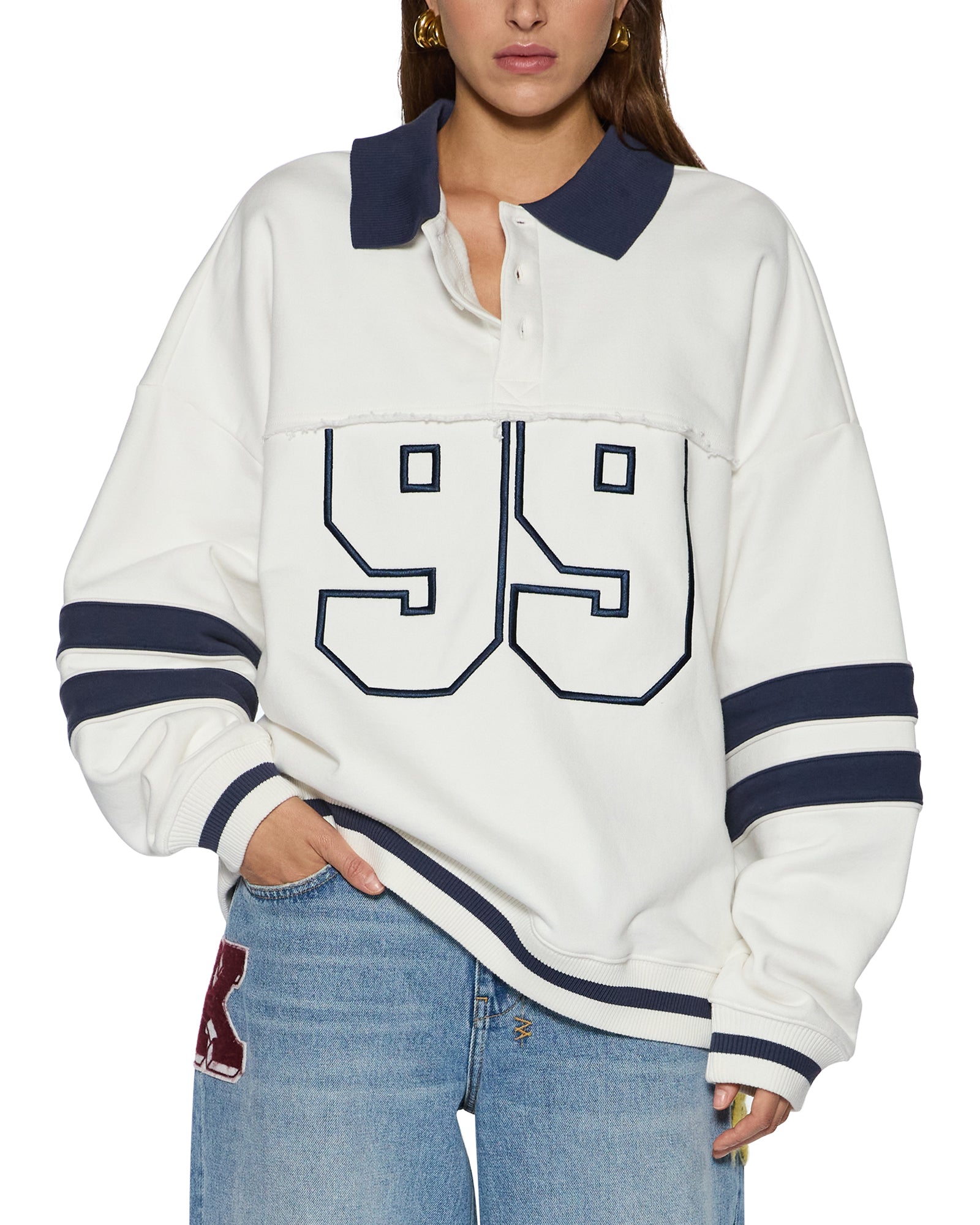 Womens 99 Boyfriend Polo Sweatshirt Vintage White Fleece - Image 4