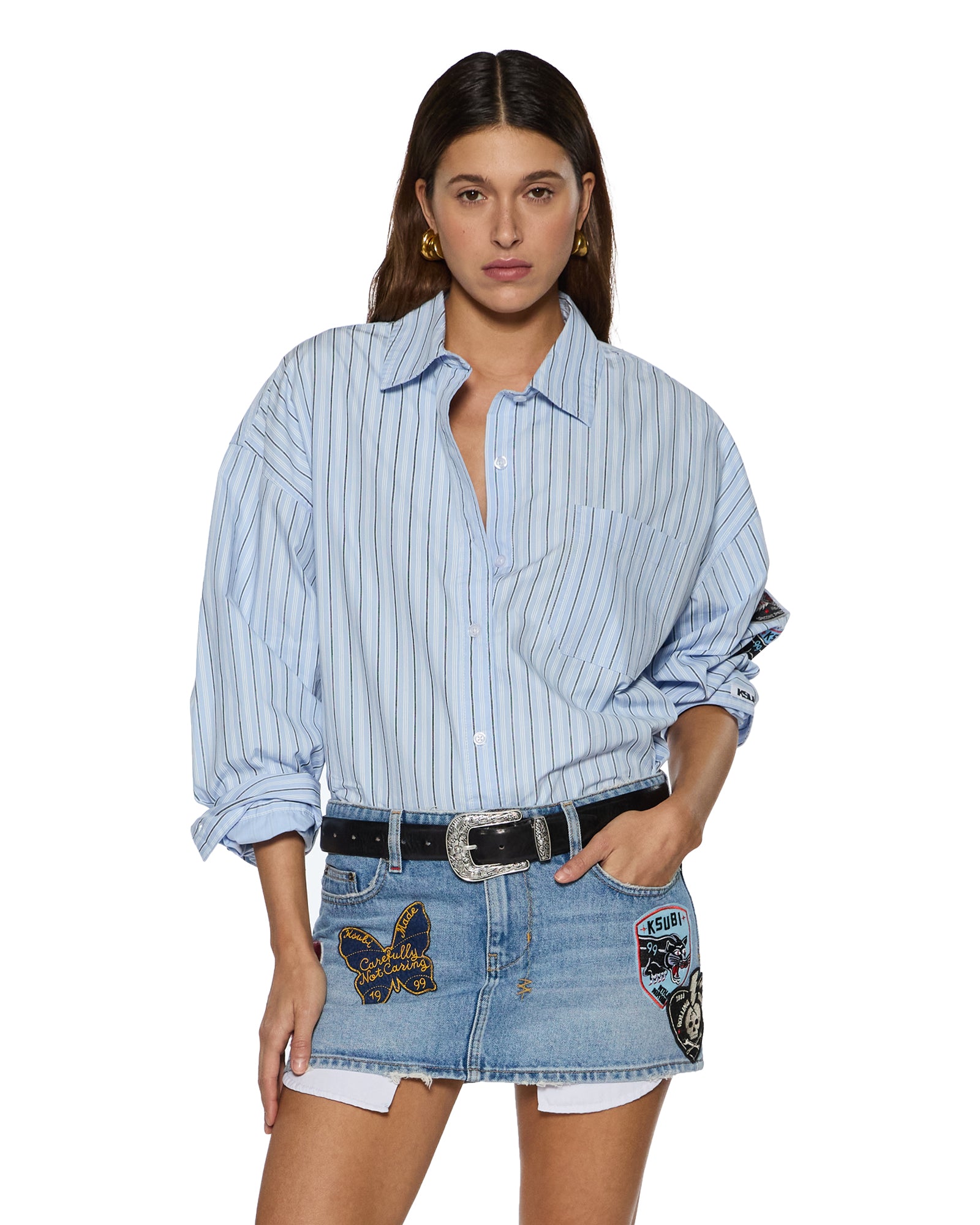 Womens Astra Ls Shirt Blue Stripe Badge Shirts