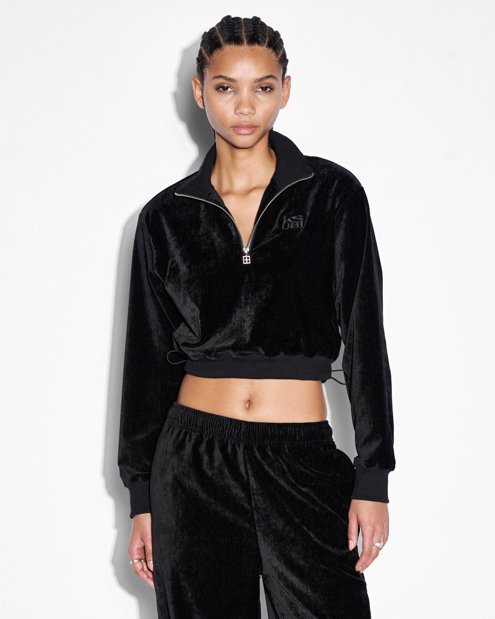 Buy Richie Half Zip Crop Black | Velour Cropped Top | KSUBI