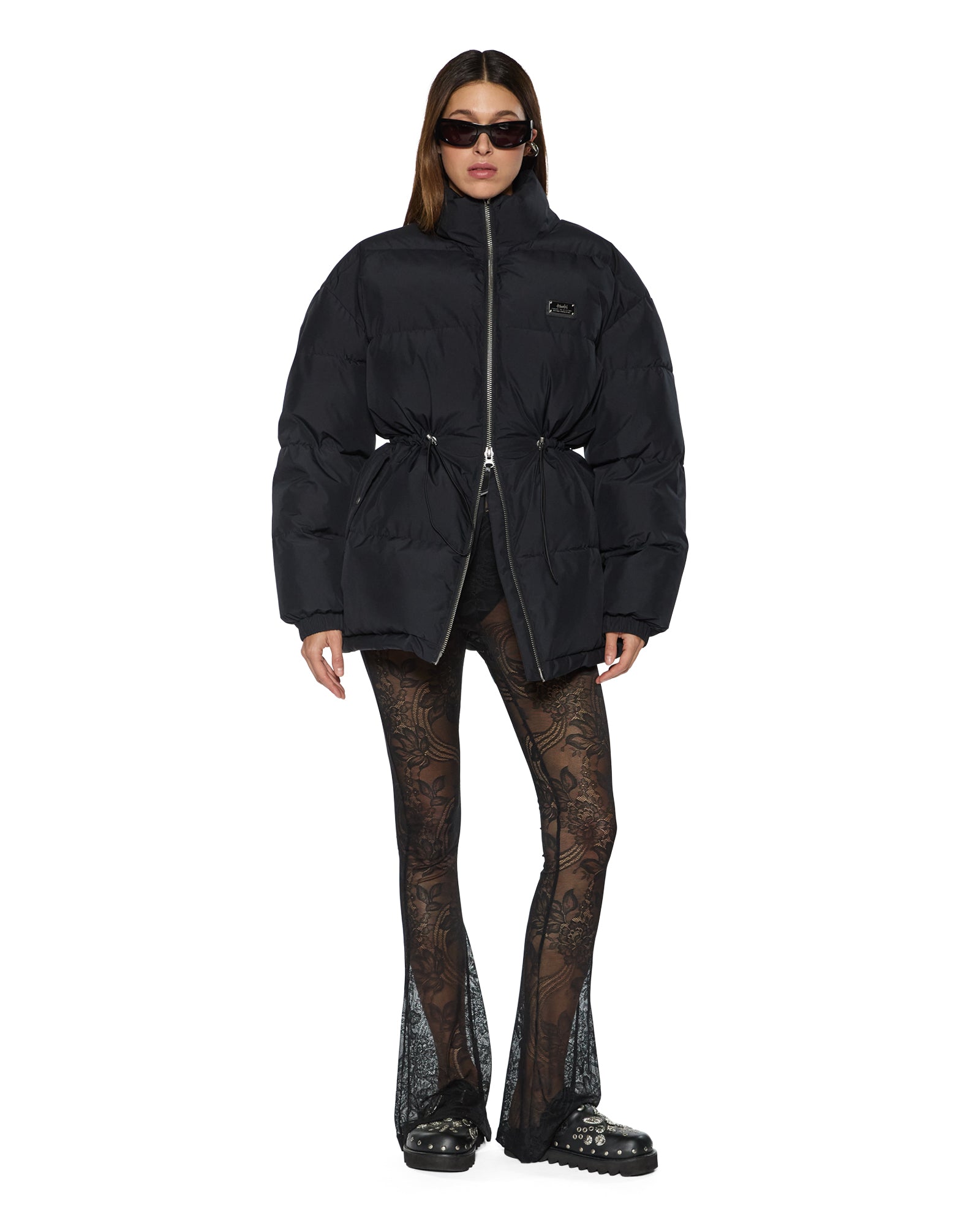 Womens Cinched Puffer Black Jackets - Image 2