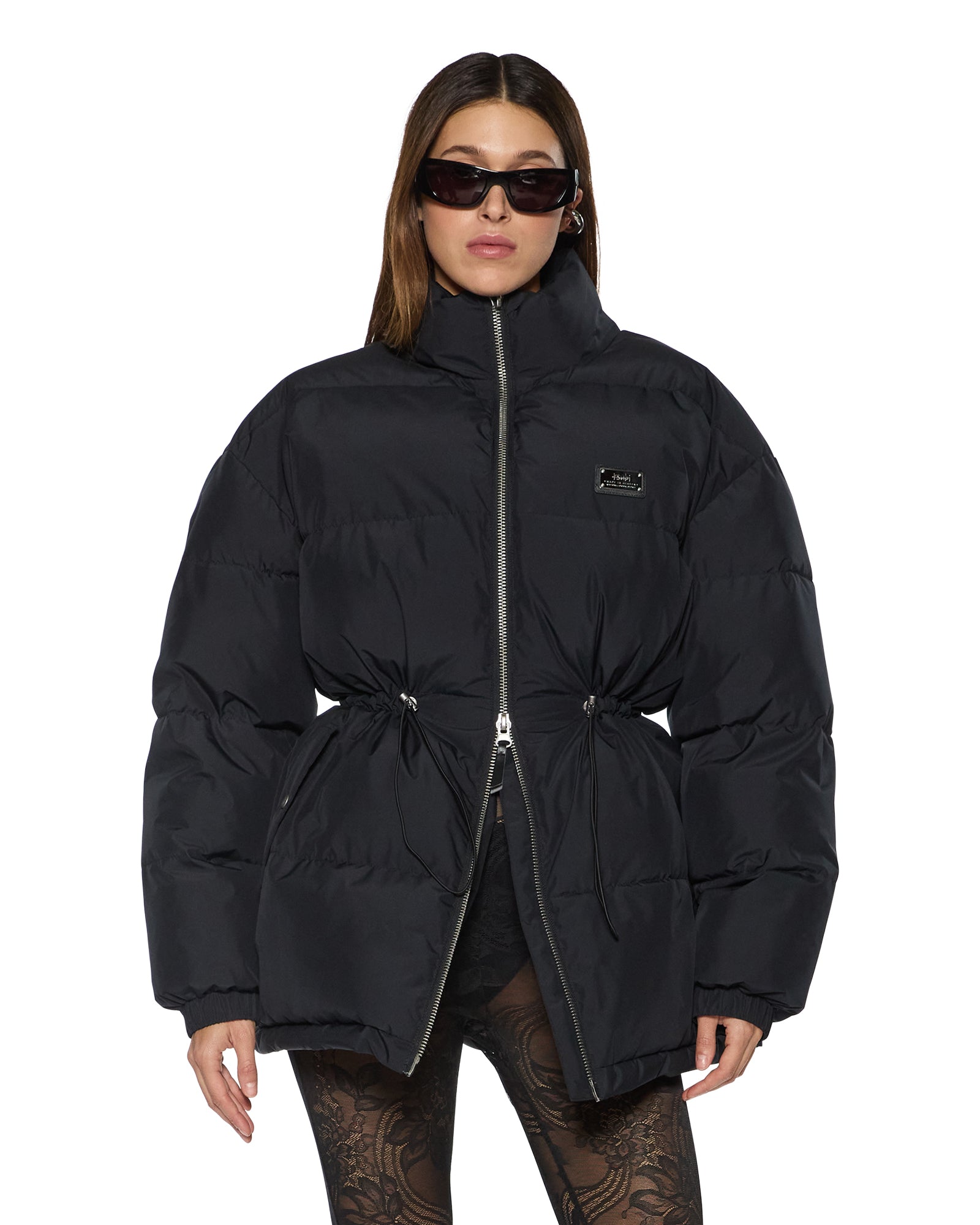 Womens Cinched Puffer Black Jackets - Image 3