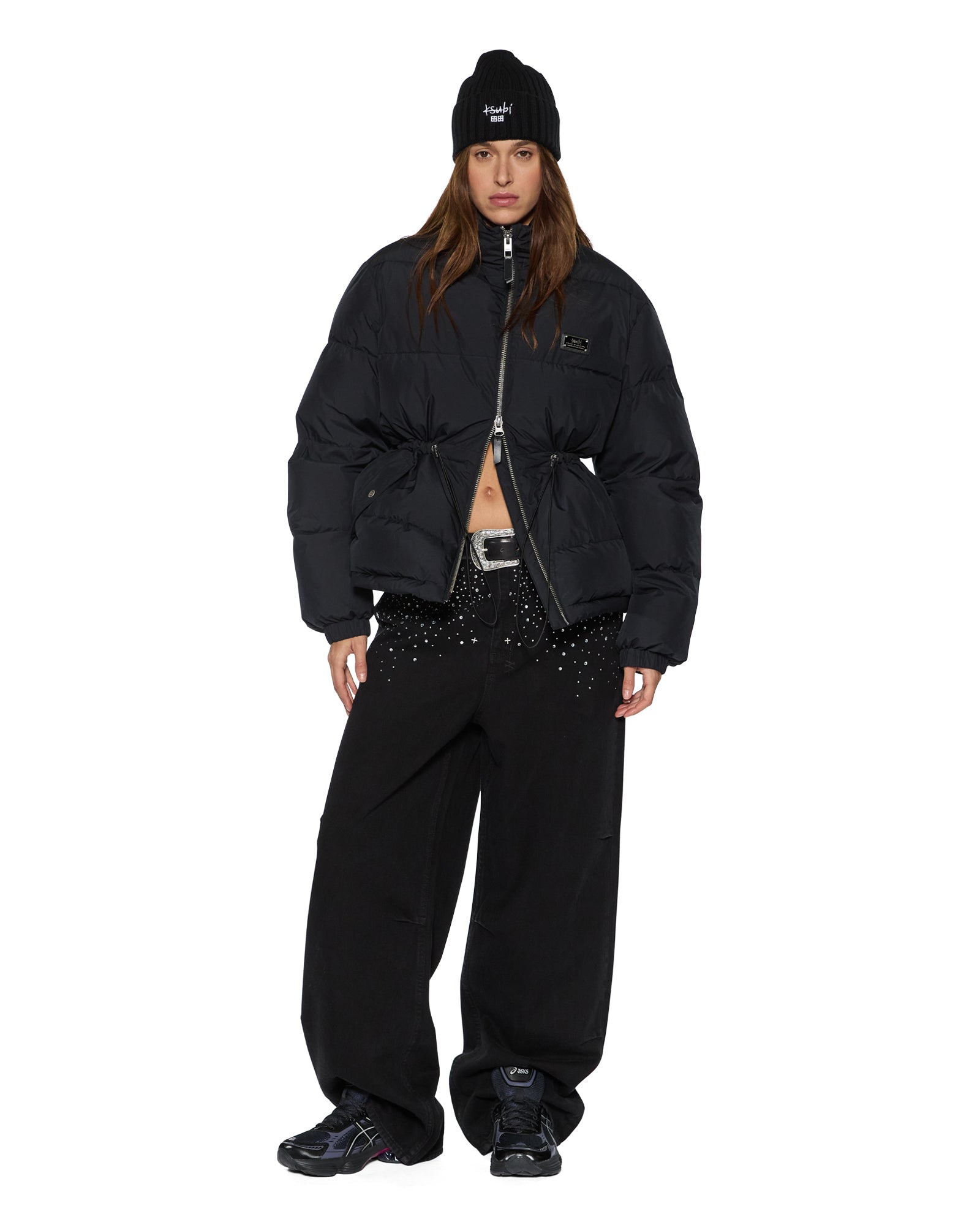 Womens Cinched Puffer Black Jackets - Image 4