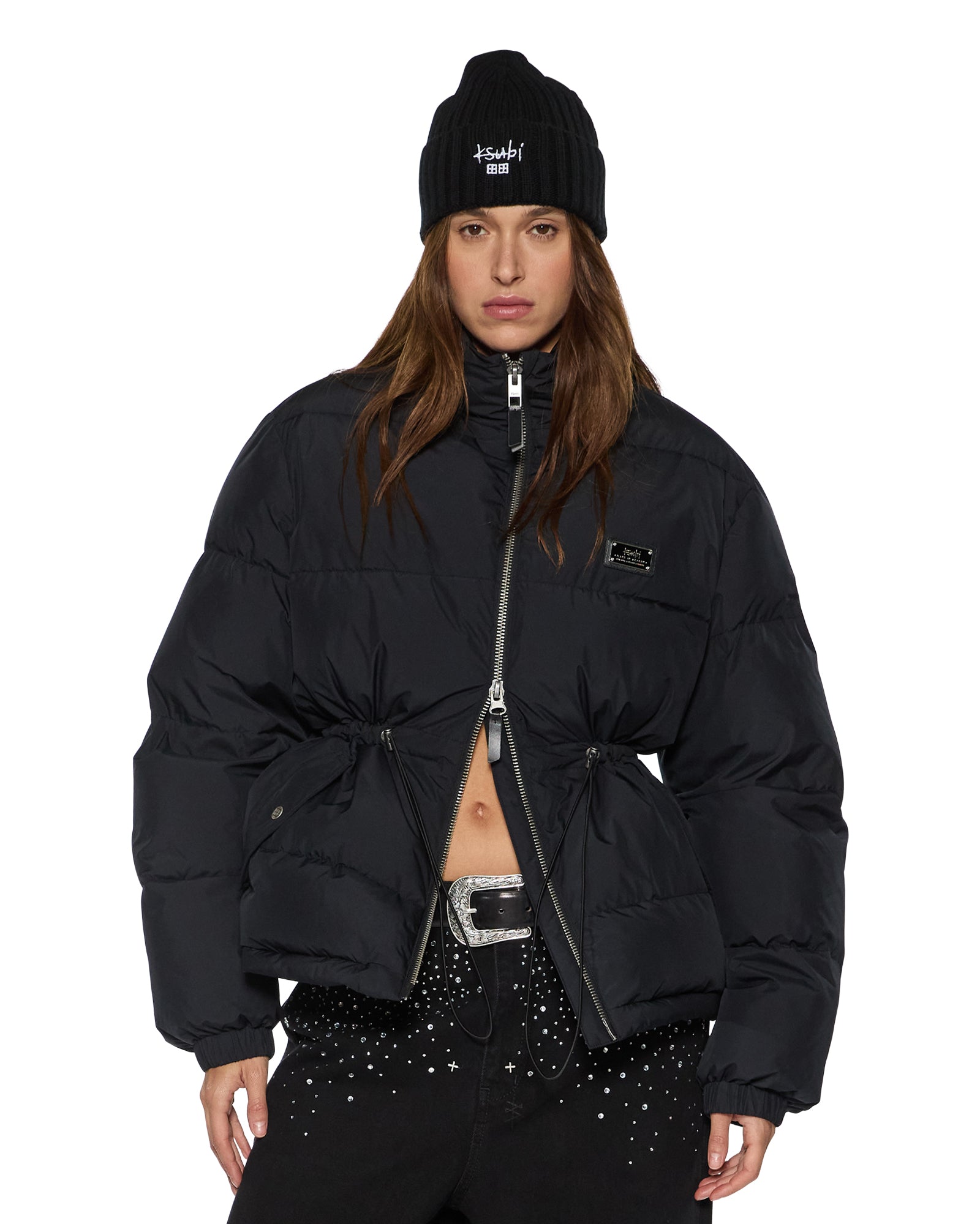 Womens Cinched Puffer Black Jackets - Image 5