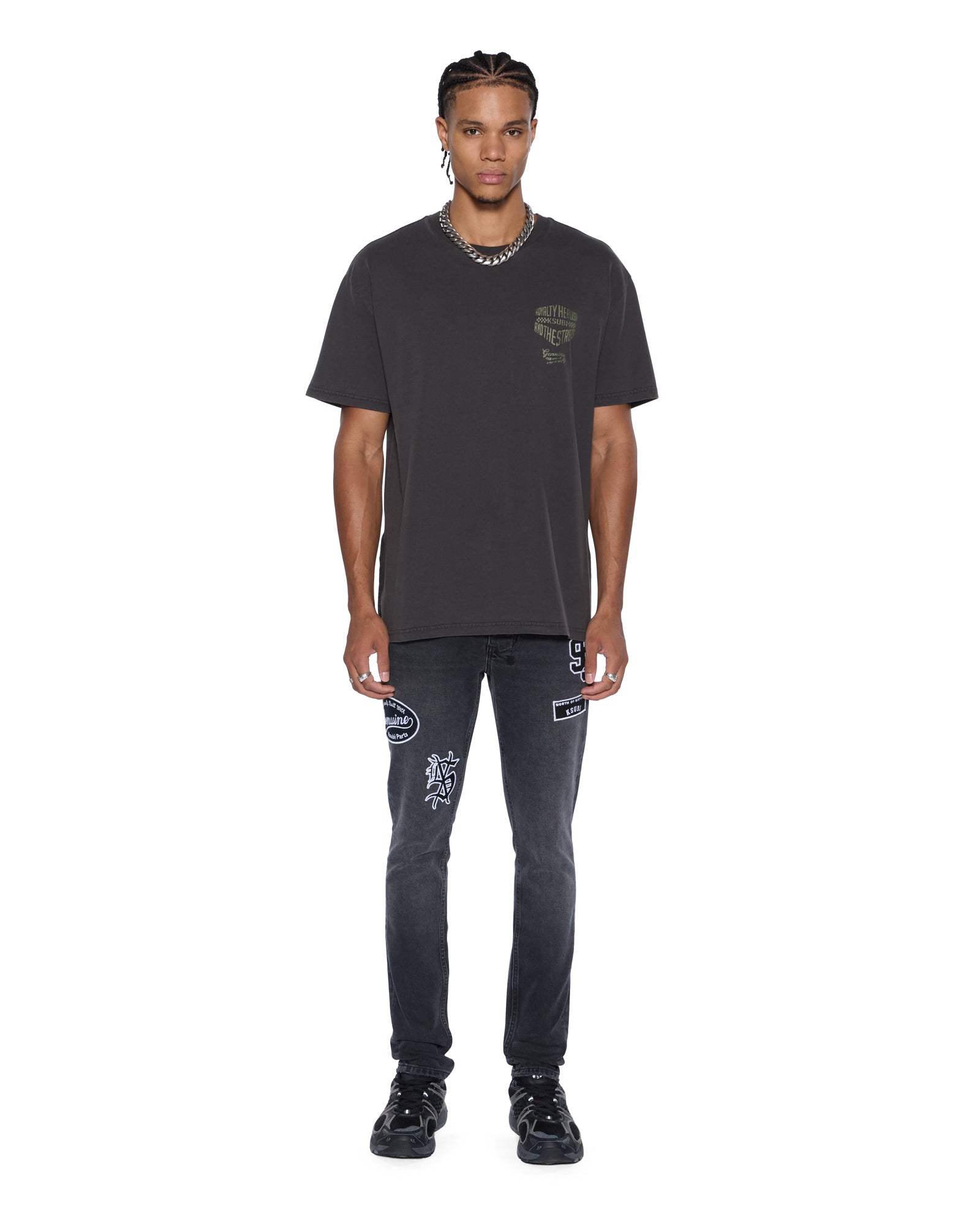Mens Van Winkle Roadhouse Black Patched Skinny Denim Jeans - Image 2