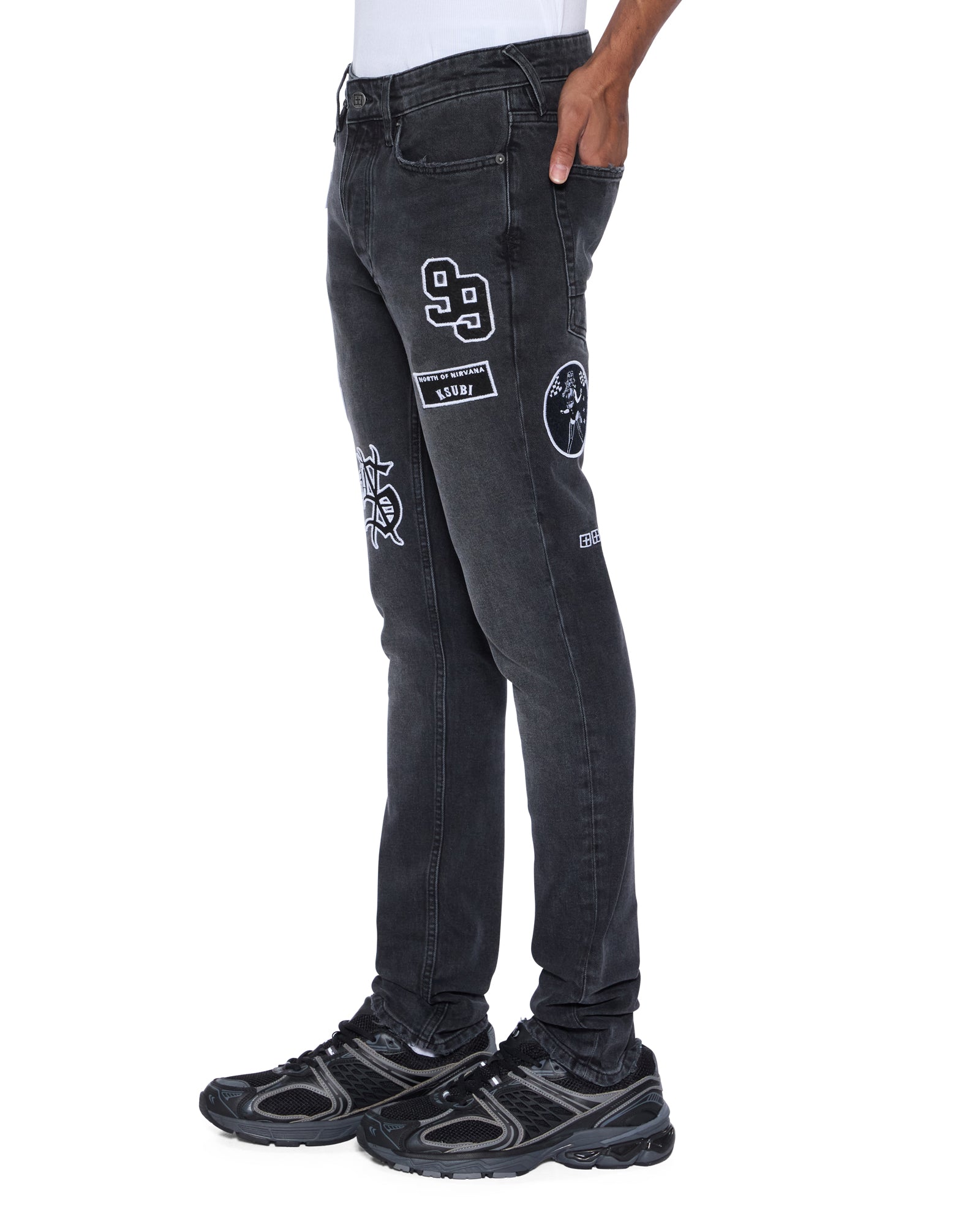 Mens Van Winkle Roadhouse Black Patched Skinny Denim Jeans - Image 3