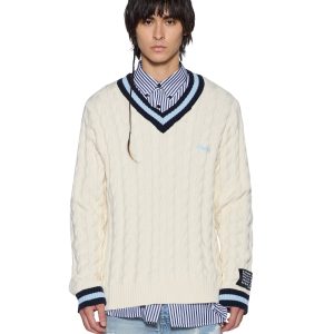 Mens Princeton Cable Knit V Neck Vintage White Knitwear