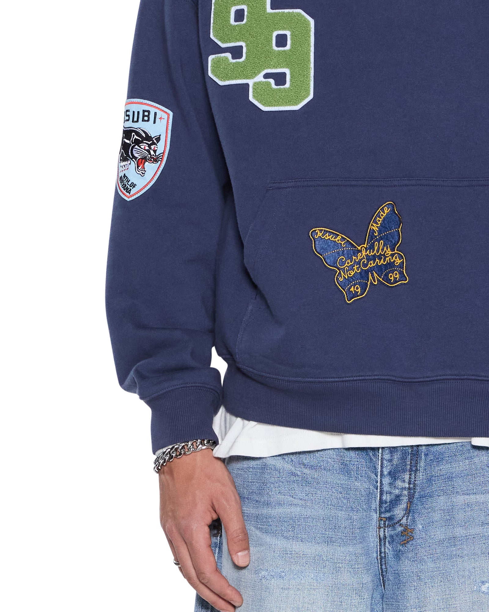 Mens Patched Ekcess Hoodie Navy Fleece - Image 3