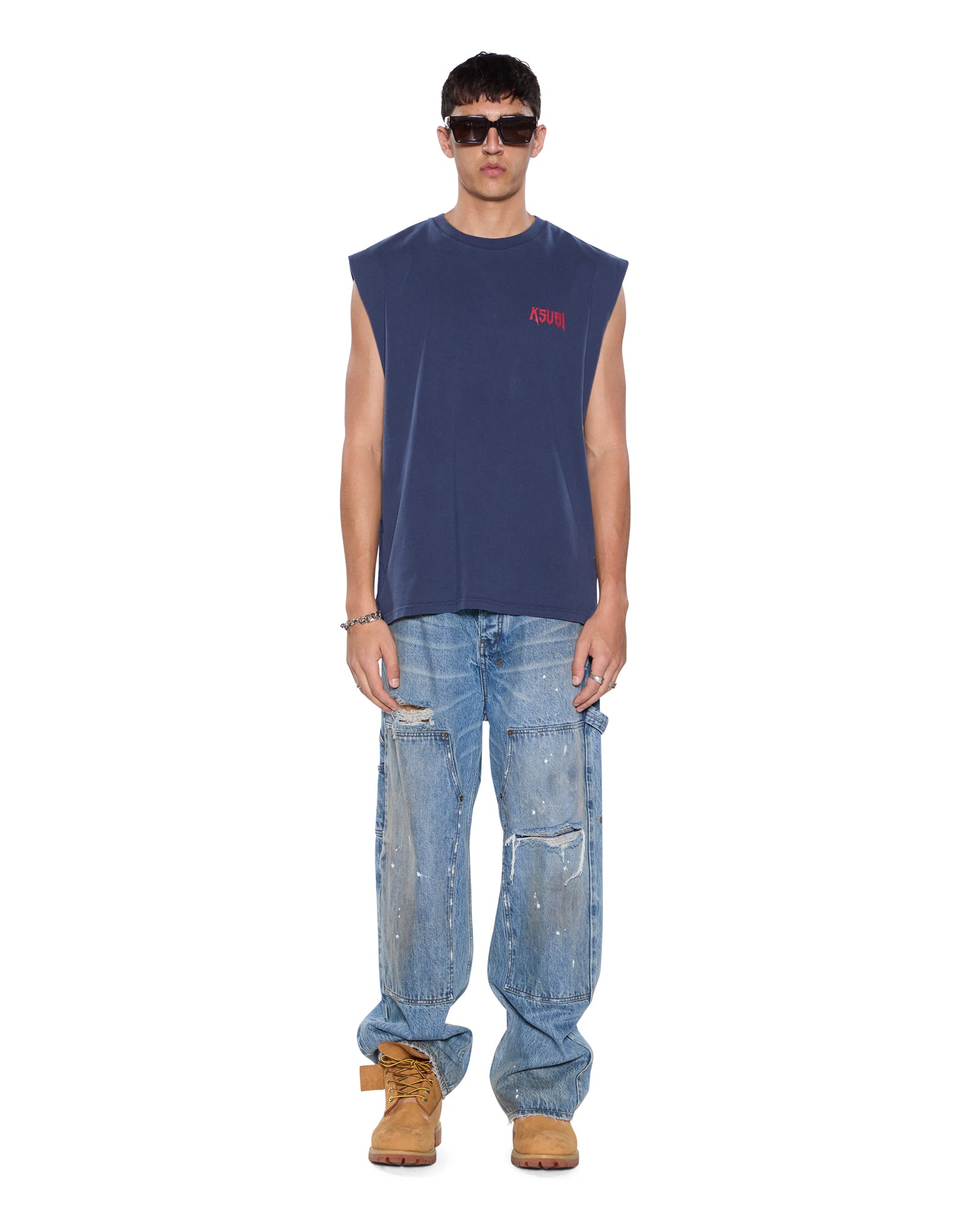 Mens Kingdom Cut Off Biggie Deep Blue Tees - Image 3