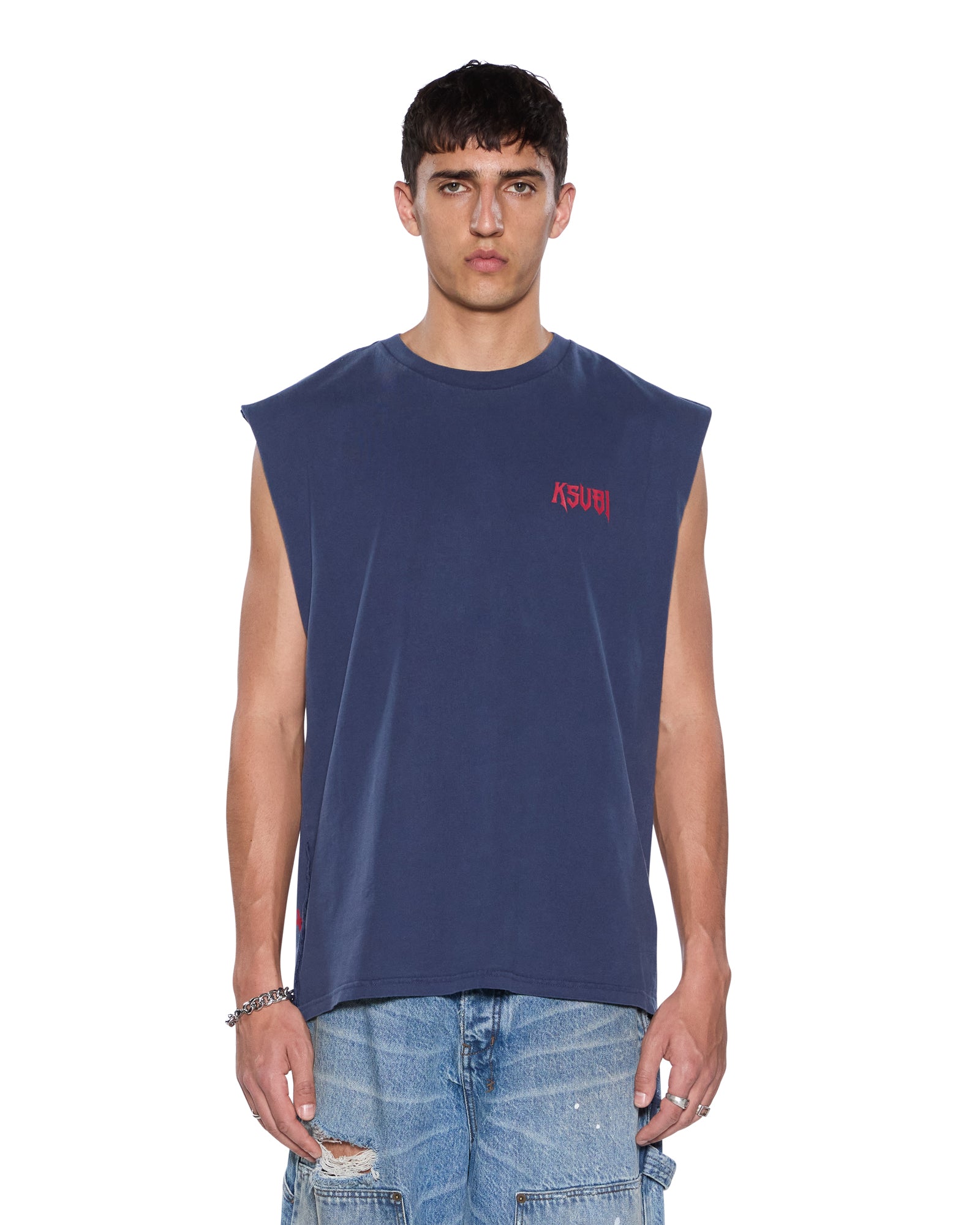 Mens Kingdom Cut Off Biggie Deep Blue Tees - Image 5
