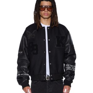 Mens Patched Varsity Jacket Black Jackets