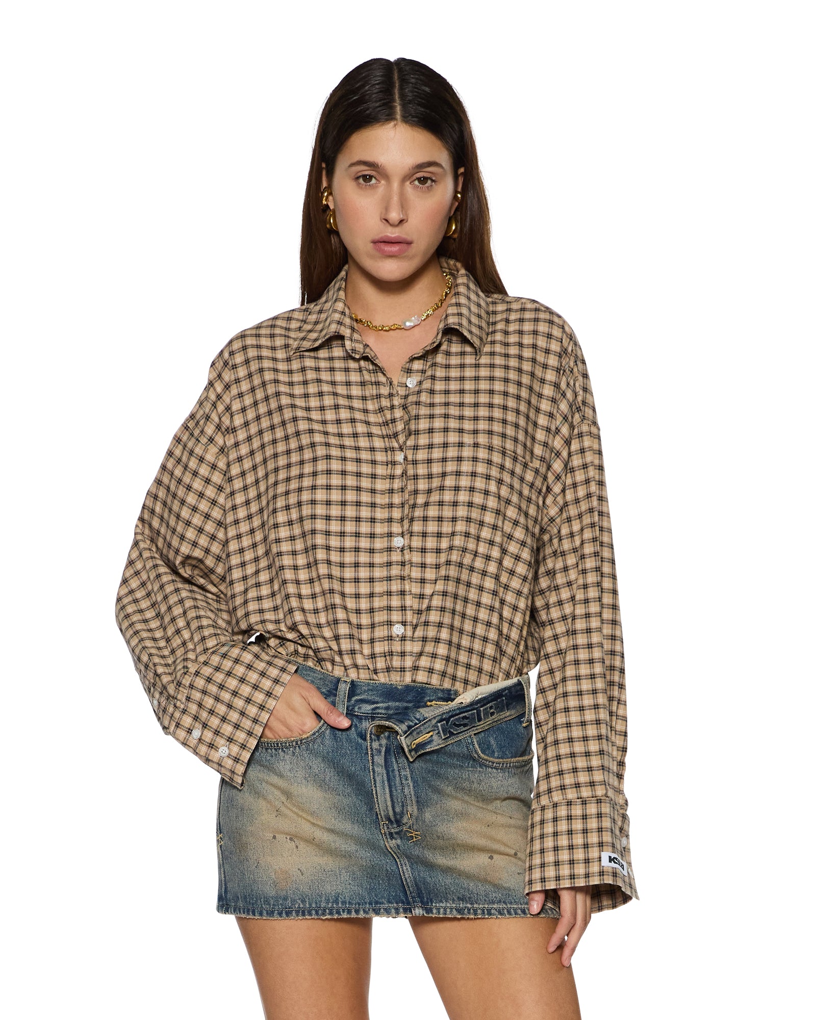 Womens Astra Ls Shirt Tan Plaid Shirts - Image 2