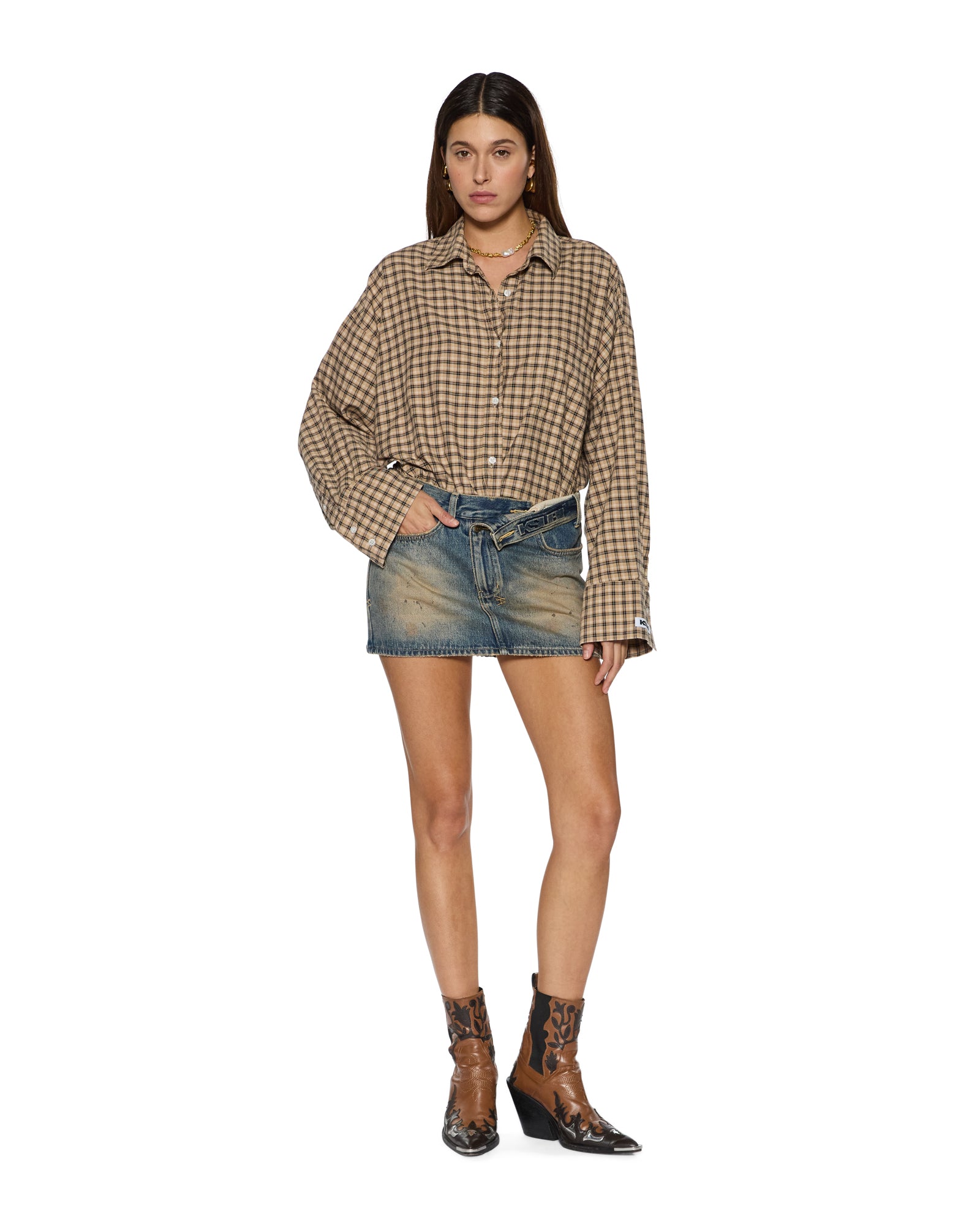 Womens Astra Ls Shirt Tan Plaid Shirts - Image 3