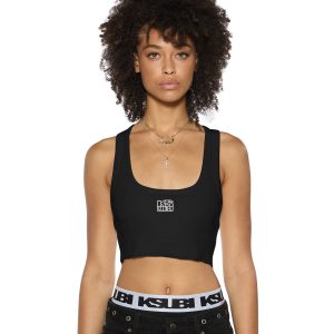 Womens Stacked Origin Crop Black Fashion Tops